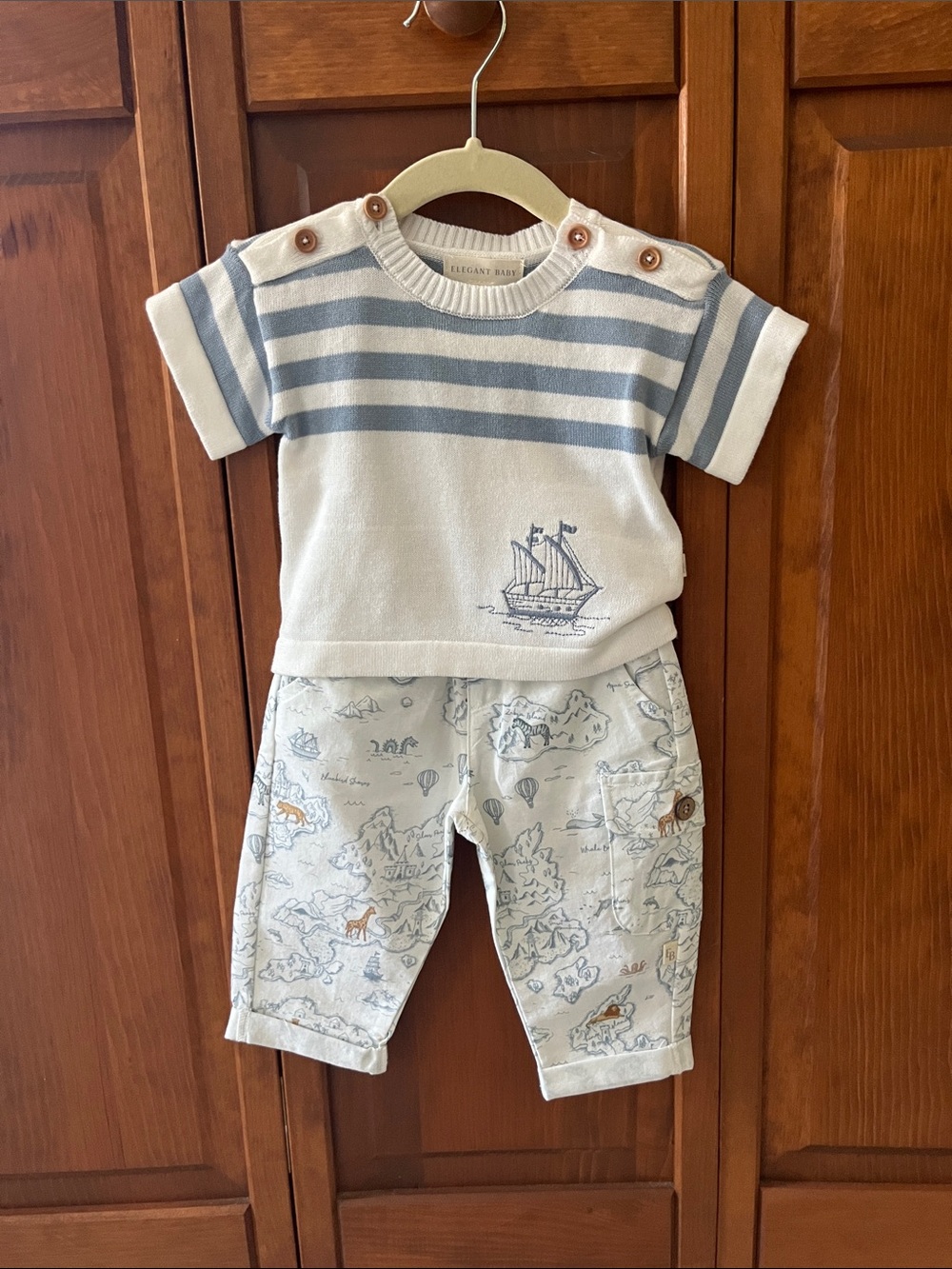 Elegant Baby Blue Stripe Nautical Kids Matching Set Knit Adventure Cargo Sz. 3-6